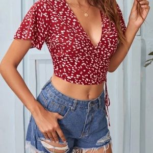 SHEIN Red Floral Wrap Tie Side Blouse size Medium